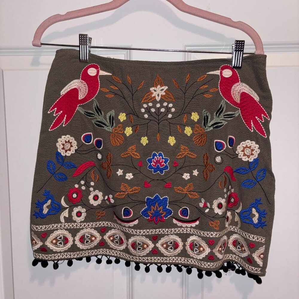 Embroidered Olive Skirt - M